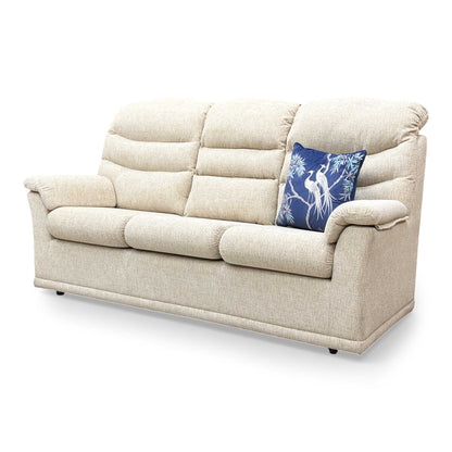 Side profile of the sofa, showing the depth of the cushions and the sleek, traditional silhouette.