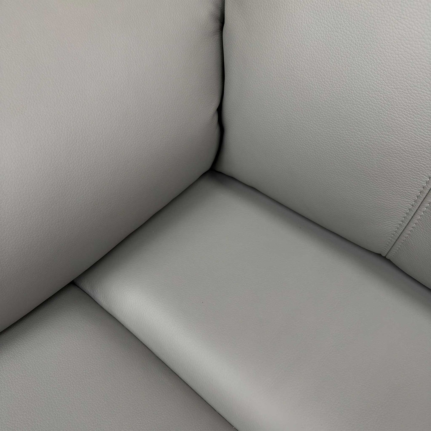 Close-up of the high-quality Cambridge Grey leather and expert stitching on the 'Kingsbury' sofa.