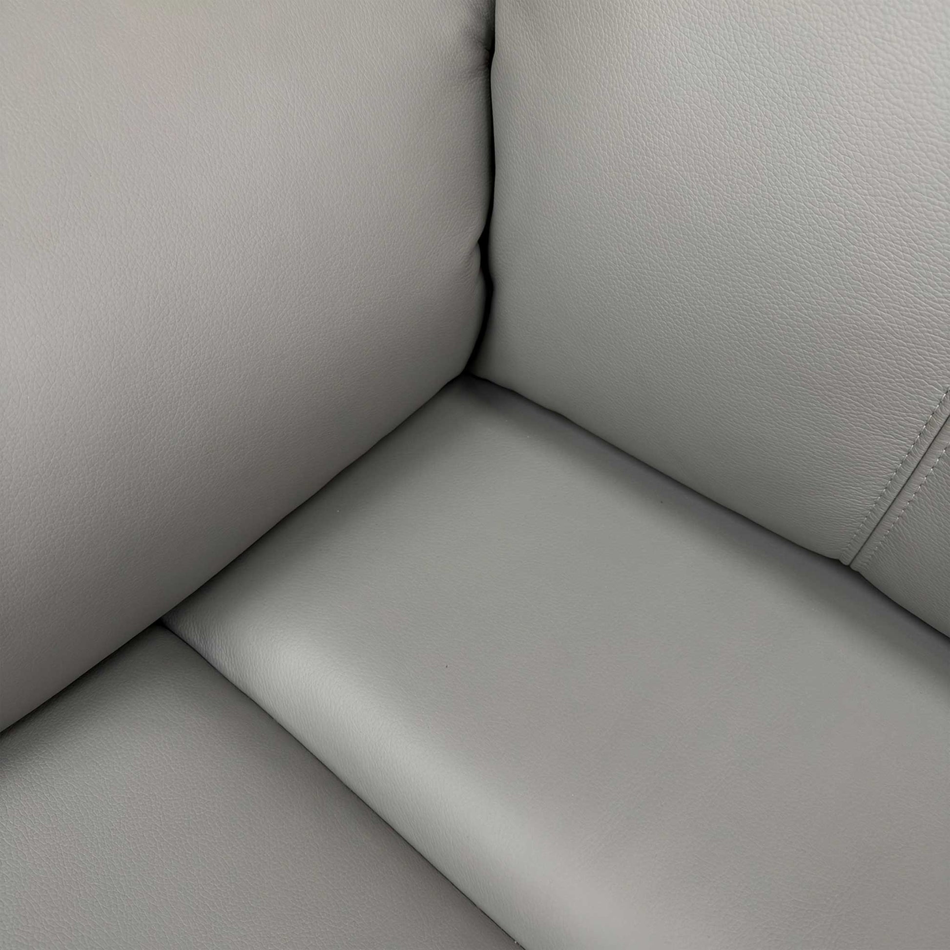 Close-up of the high-quality Cambridge Grey leather and expert stitching on the 'Kingsbury' sofa.
