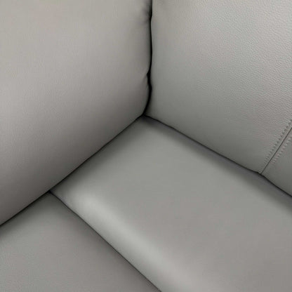 Close-up of the high-quality Cambridge Grey leather and expert stitching on the 'Kingsbury' sofa.
