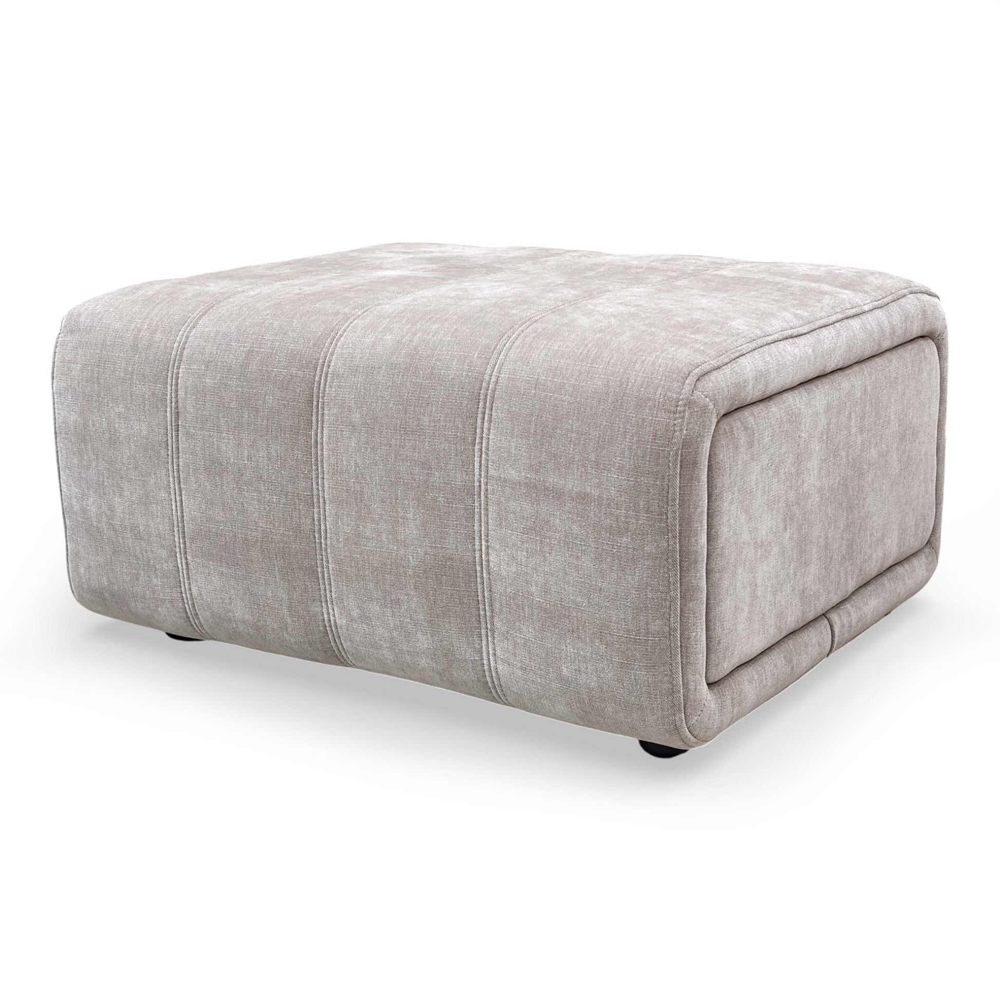 Front view of the 'Elphaba' storage footstool in Manhattan Nutmeg fabric, showing its clean Art Deco lines.
