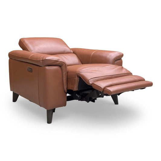 Side view of the World of Leather ‘Wade’ Pecan Brown power recliner chair, showing its modern profile and integrated power controls.