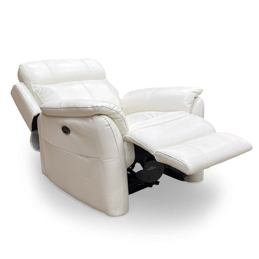 Full Front view of the World of Leather 'Revive' power recliner armchair in elegant Star White leather.