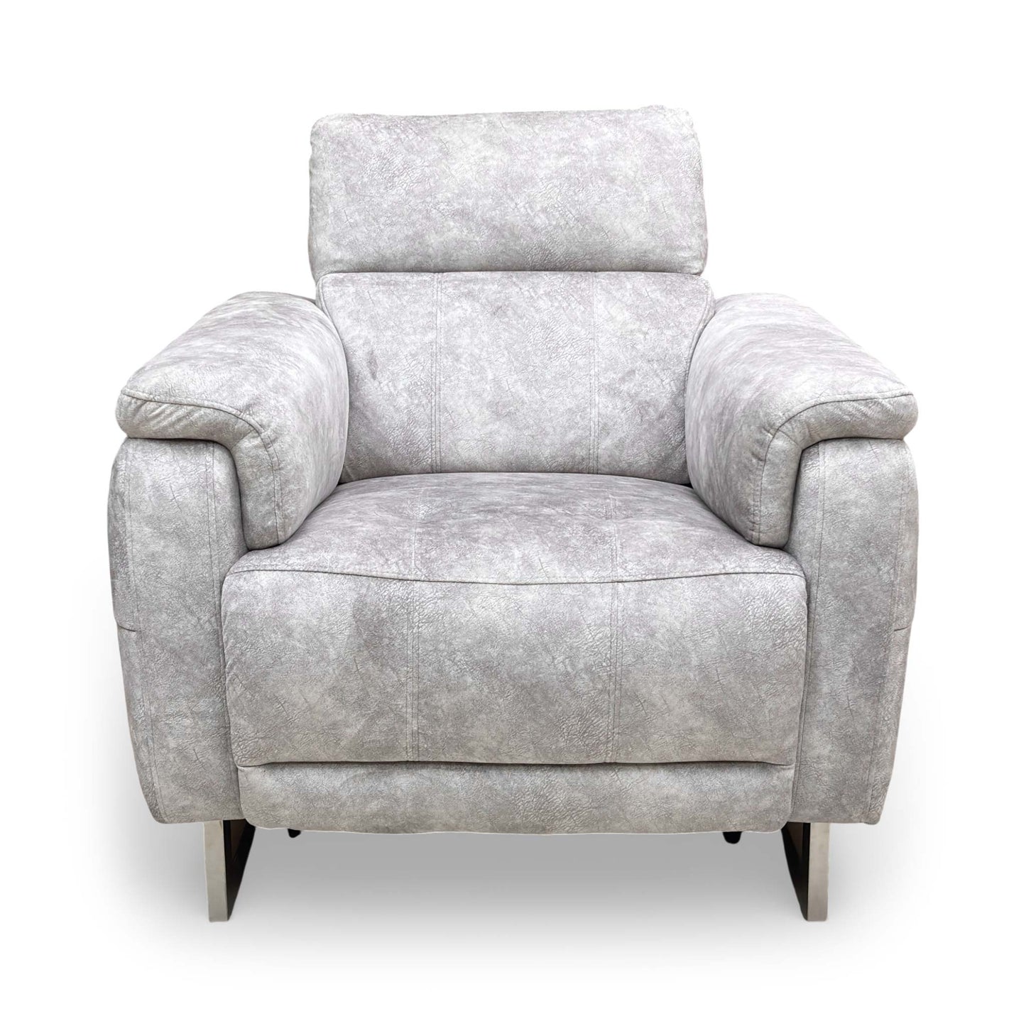 Front view of the Elphaba Cotton White leather armchair with its signature wide storage arms.
