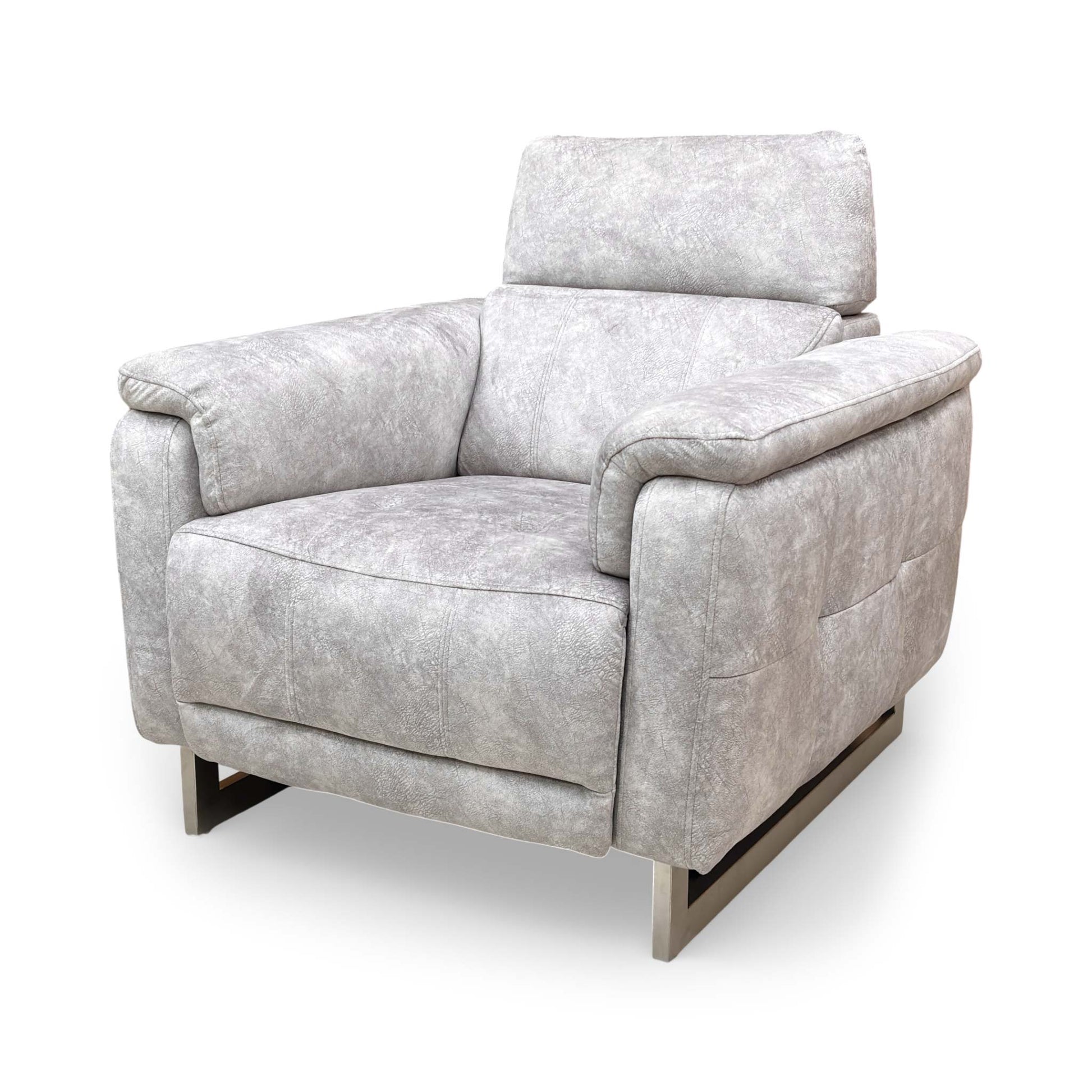 View of the white leather chair, highlighting the premium tailoring and sleek profile.
