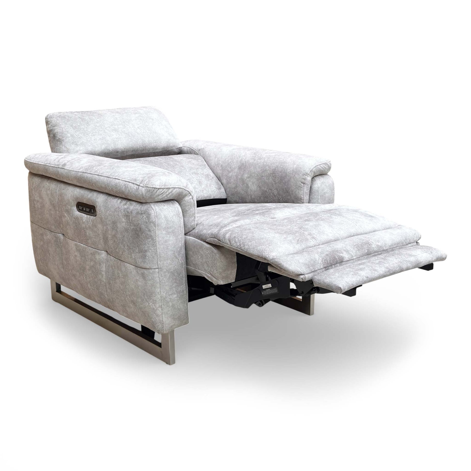 Front view of the Elphaba Cotton White leather armchair with its signature wide storage arms.