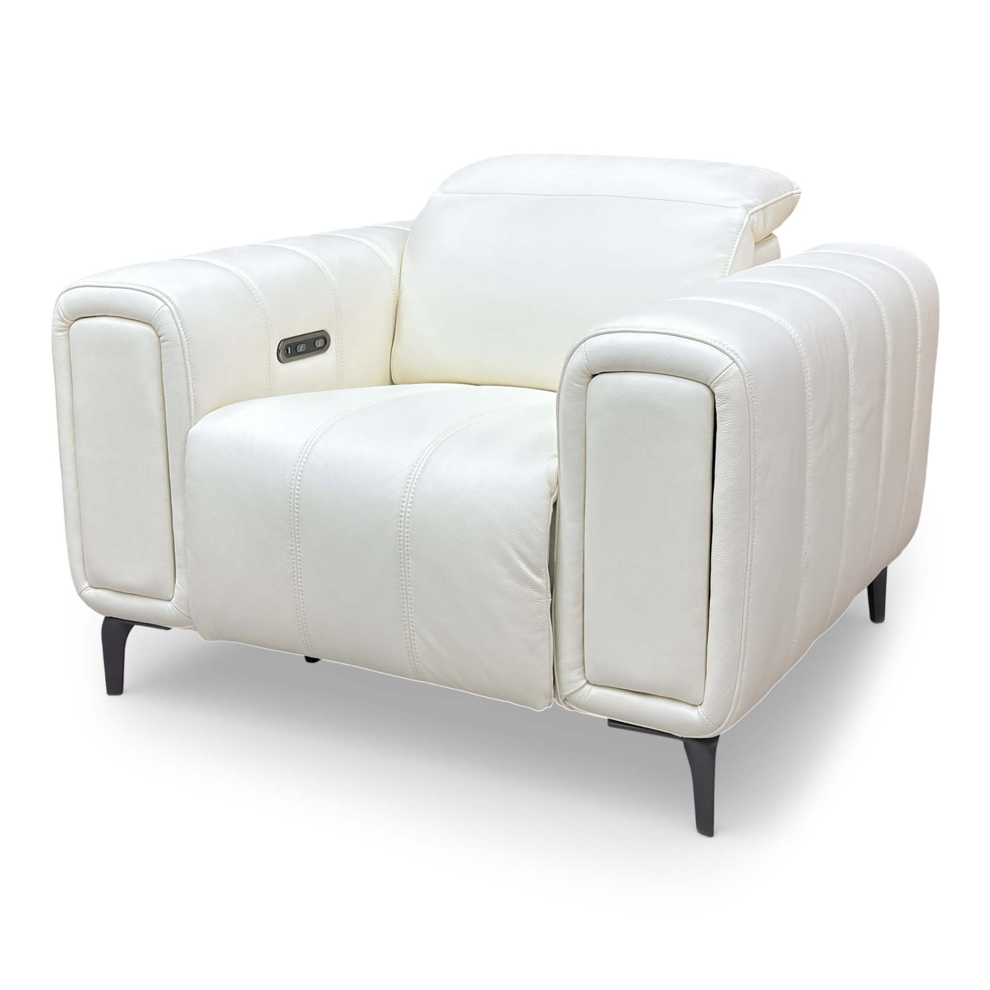 Side view of the white leather chair, highlighting the premium tailoring and sleek profile.