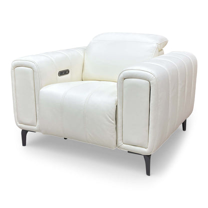 Side view of the white leather chair, highlighting the premium tailoring and sleek profile.