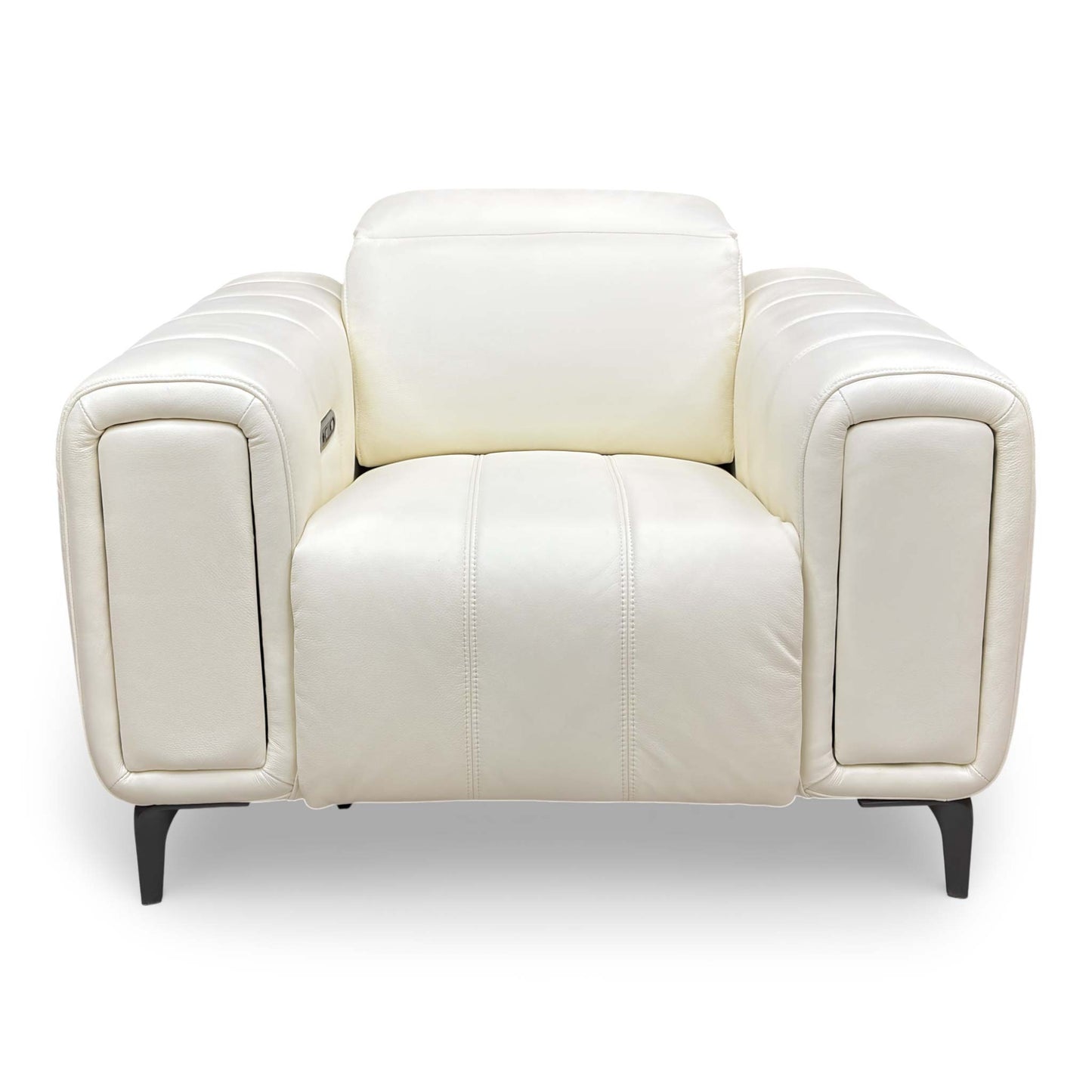 Front view of the Elphaba Cotton White leather armchair with its signature wide storage arms.