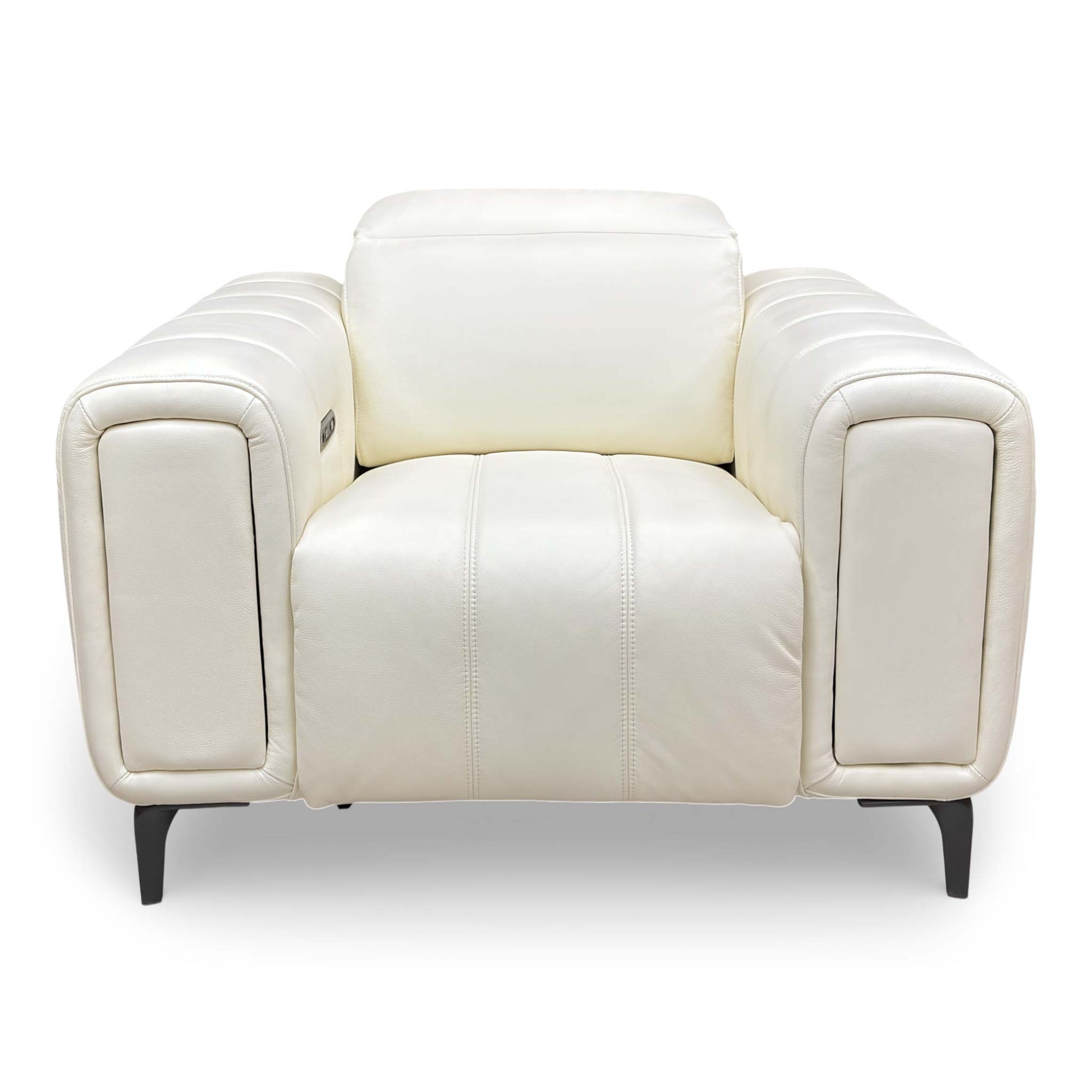 Front view of the Elphaba Cotton White leather armchair with its signature wide storage arms.