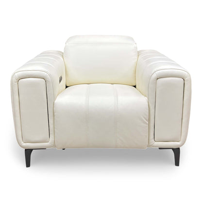 Front view of the Elphaba Cotton White leather armchair with its signature wide storage arms.