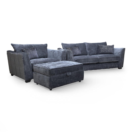 'Allure' Coco Indigo Woven Fabric 3 Seater Cushion Back Sofa with Snuggler and Storage Footstool