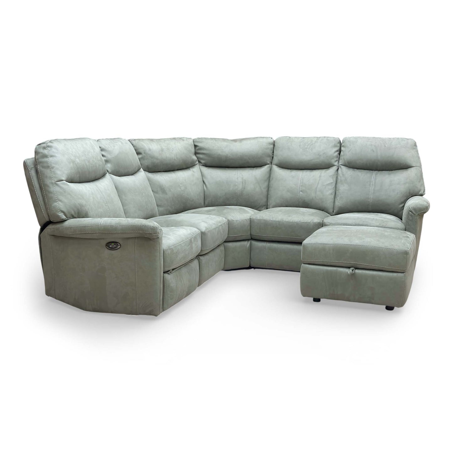 View of the corner sofa from the side, emphasizing its compact yet spacious seating arrangement.
