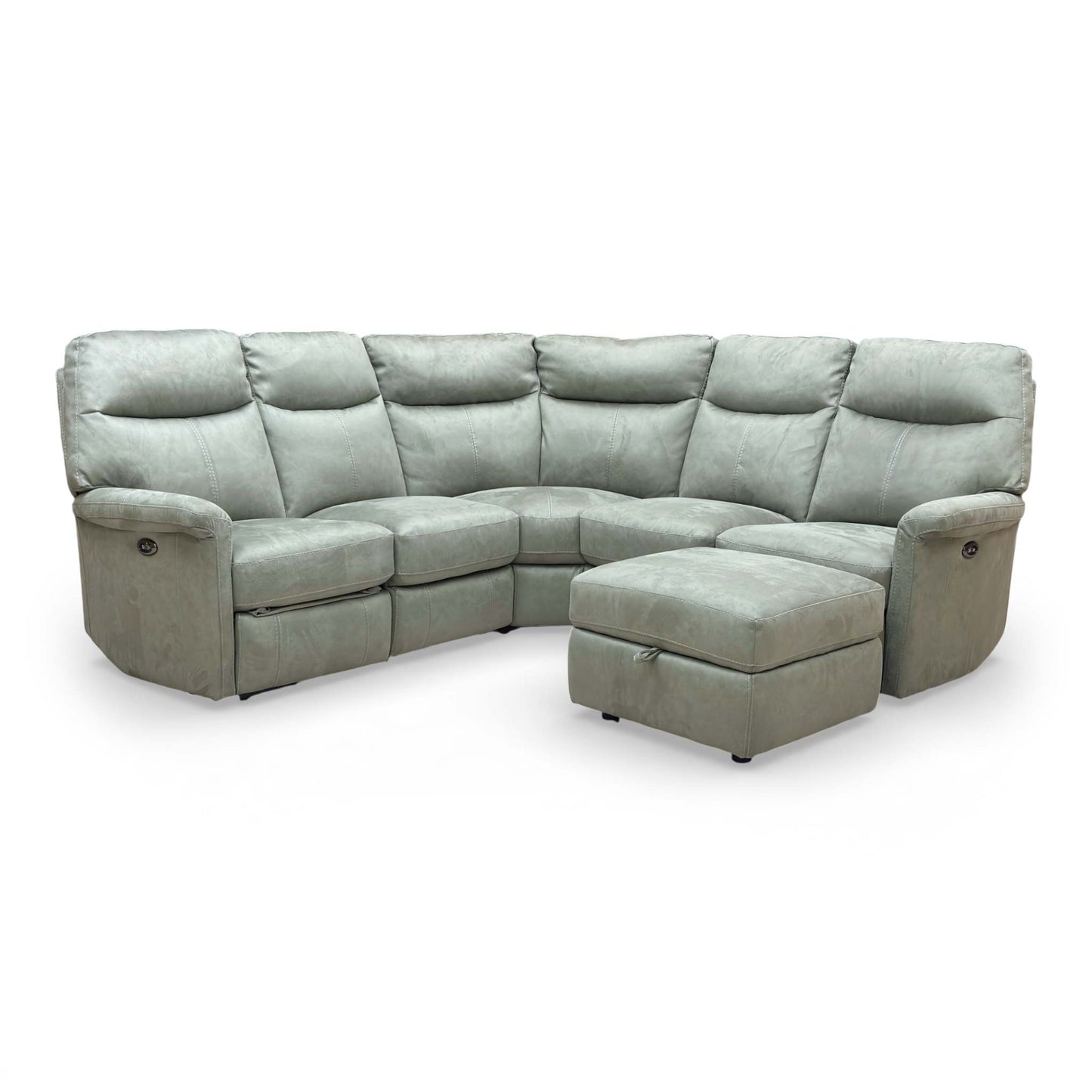 Detailed shot of the storage footstool closed, showing its compact design and matching Olive fabric.