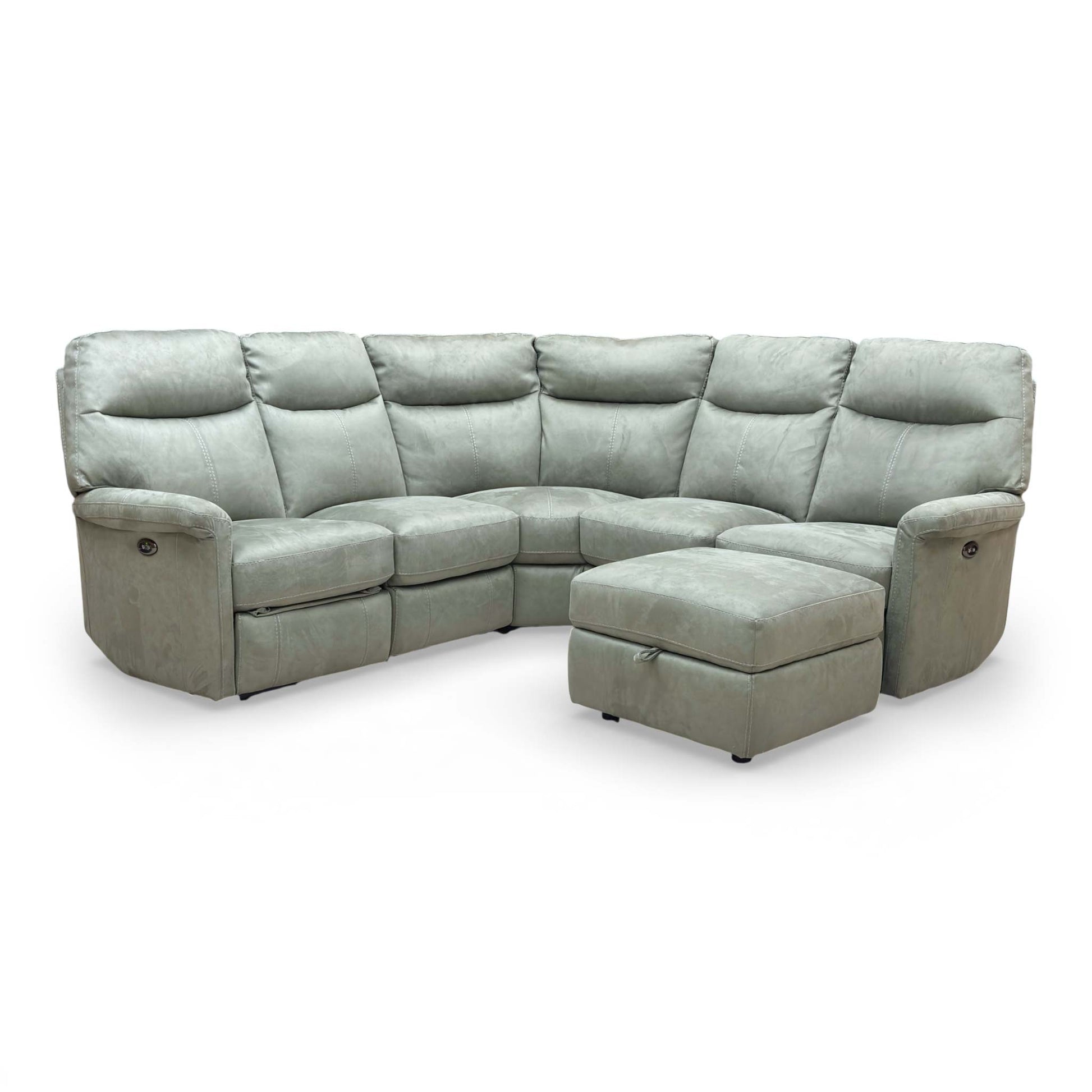 Detailed shot of the storage footstool closed, showing its compact design and matching Olive fabric.