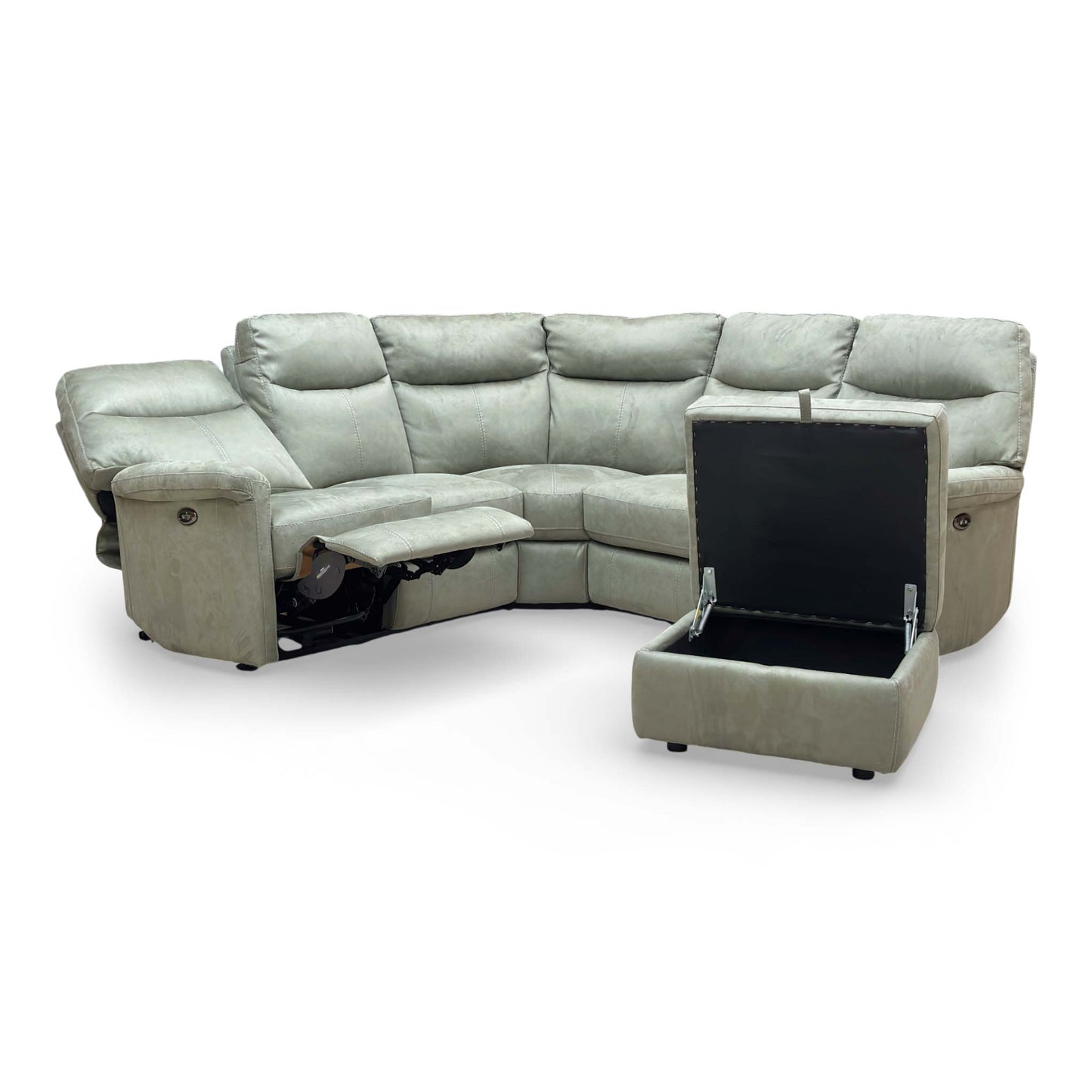 Front-facing view of the Lille Large Fabric Power Recliner Corner Sofa in Olive fabric with the matching storage footstool.