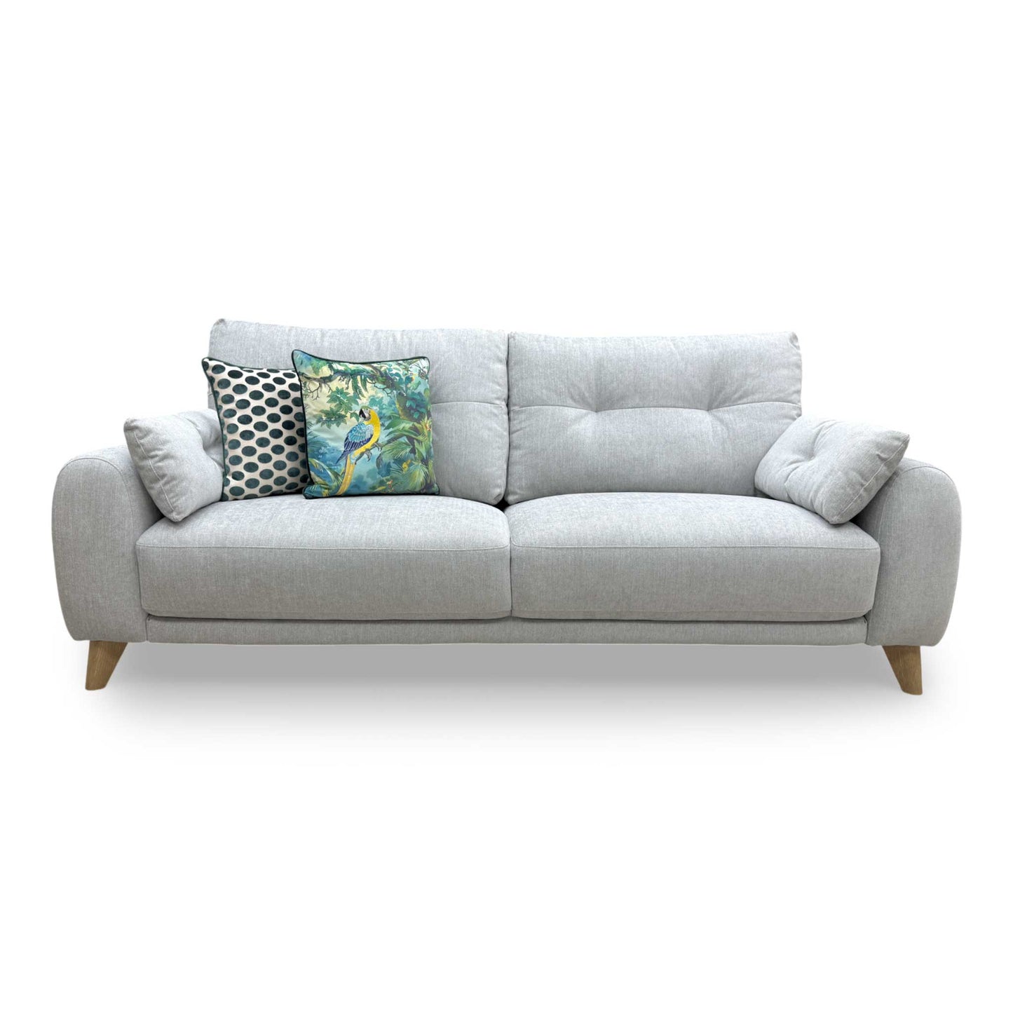 Front view of the Malmo 3-seater sofa in Haze grey fabric, featuring a modern Scandi design.