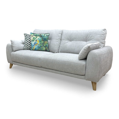Front view of the Malmo 3-seater sofa in Haze grey fabric, featuring a modern Scandi design.