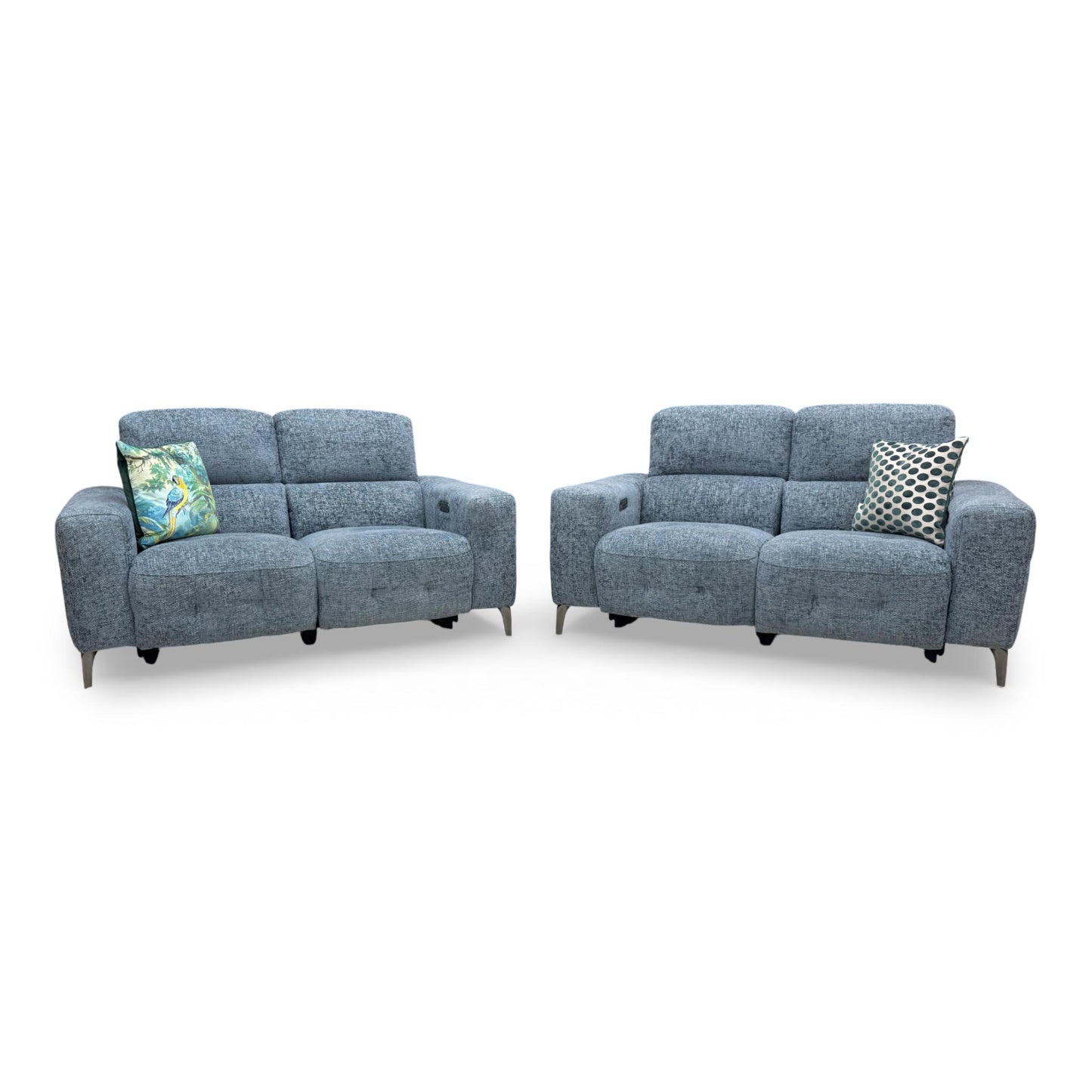 Front view of the New York 2+2 seater power recliner sofa set in Silverish Blue fabric.