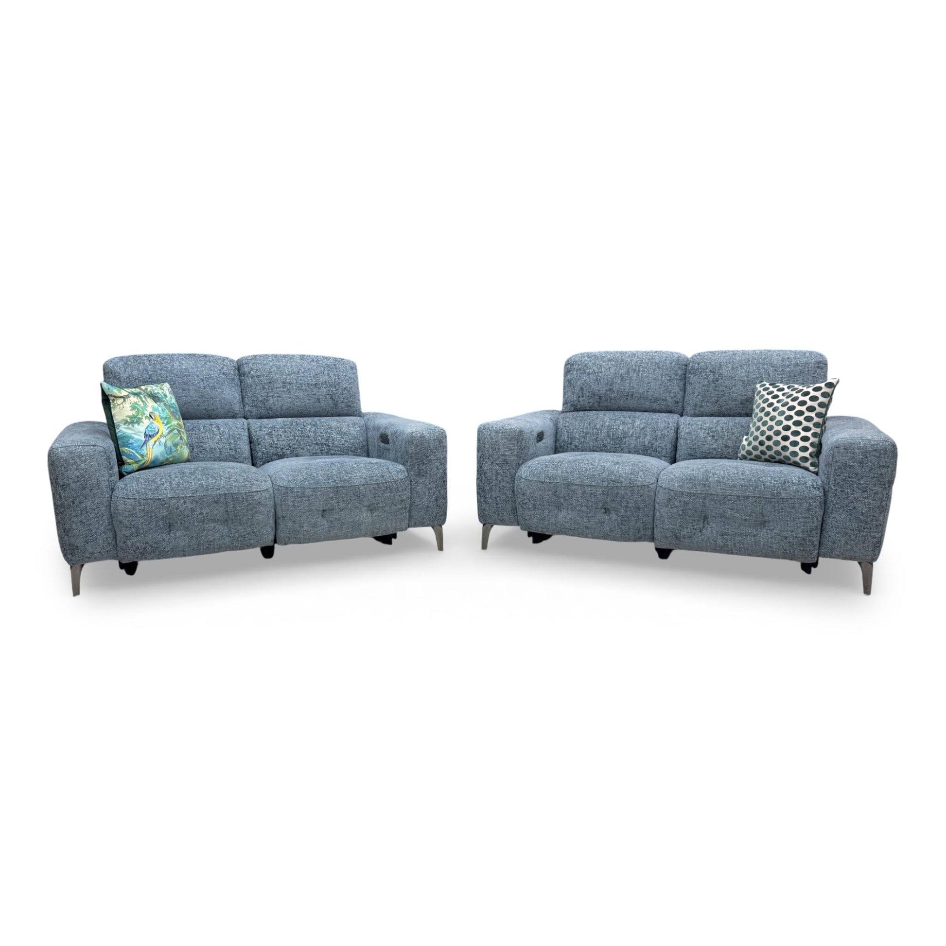 Front view of the New York 2+2 seater power recliner sofa set in Silverish Blue fabric.