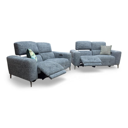 Front view of the New York 2+2 seater power recliner sofa set in Silverish Blue fabric.