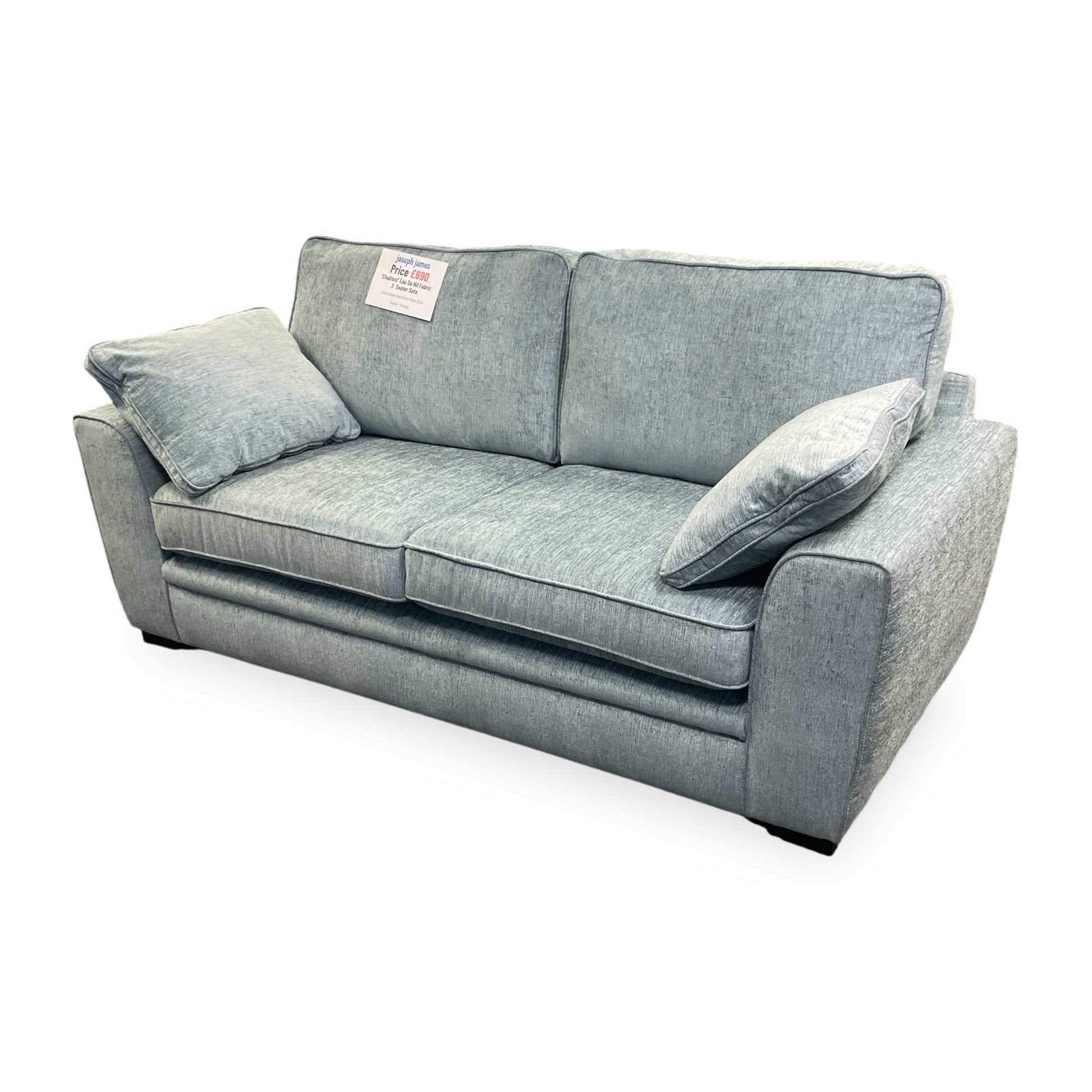 Full view of the Sofology ‘Chalfont’ 3-seater sofa in Eau De Nil green fabric.