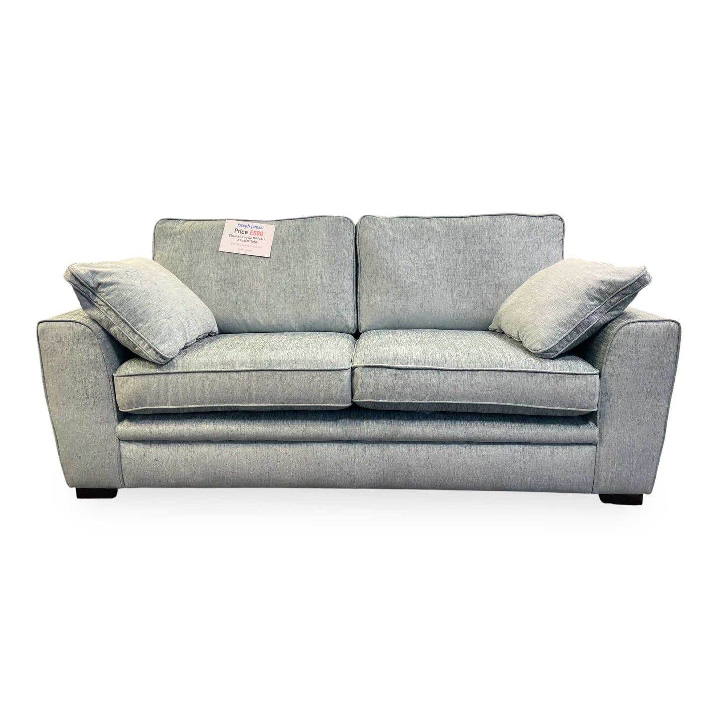 Front view of the Sofology ‘Chalfont’ 3-seater sofa in Eau De Nil green fabric.