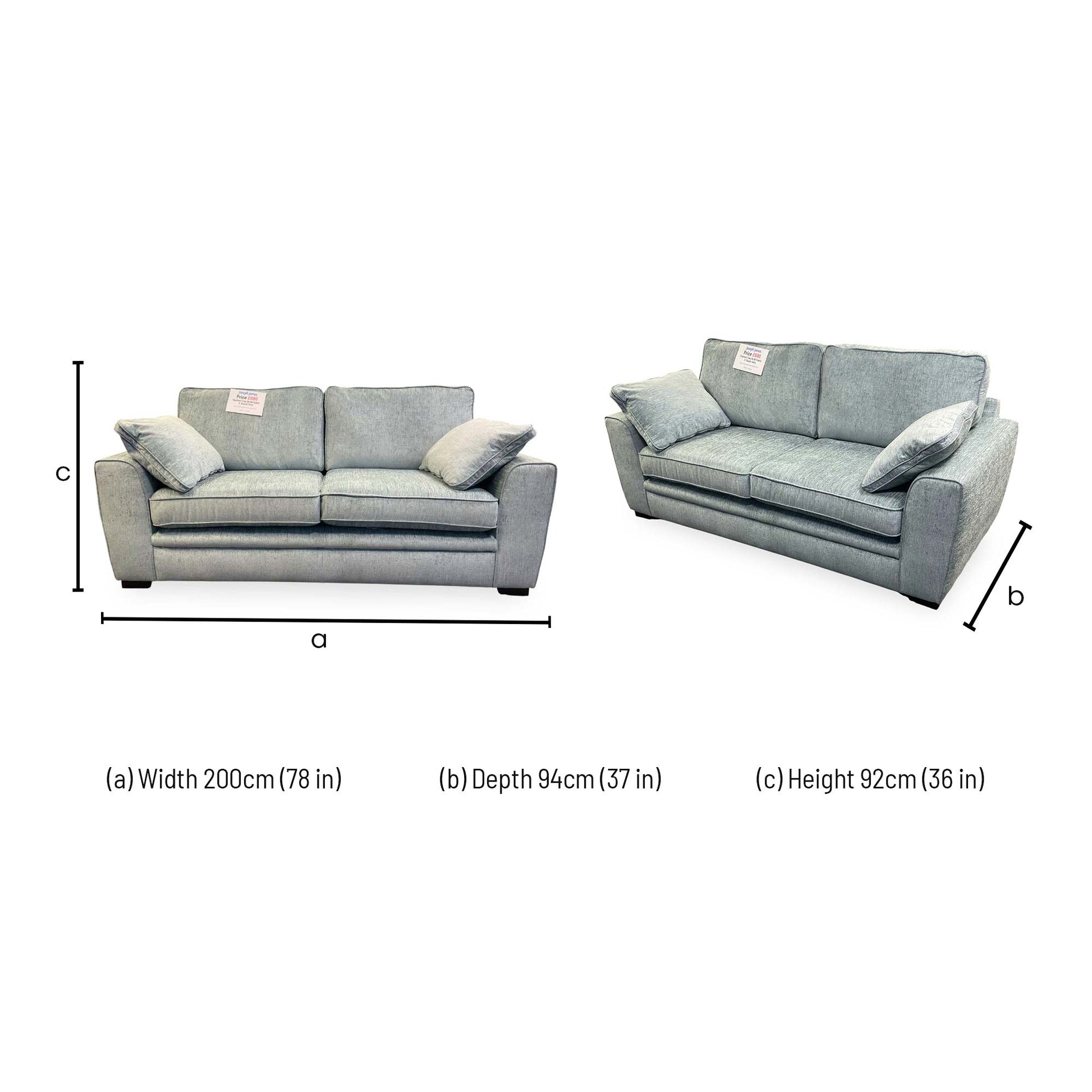 Dimensions for the Sofology ‘Chalfont’ Eau De Nil Fabric 3 Seater Sofa.