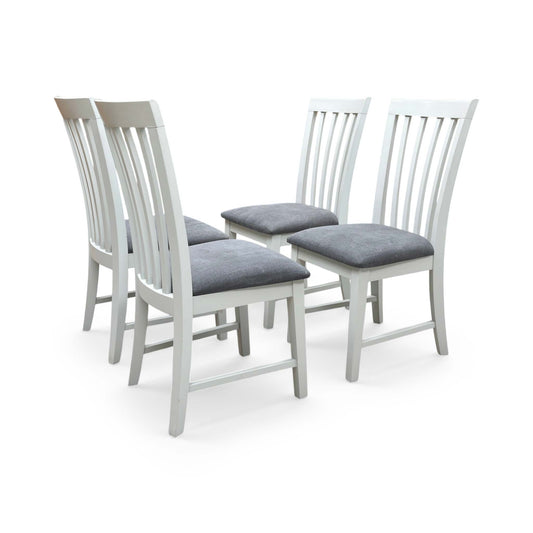 Full view of the Hamilton dining chairs, showcasing the elegant hand-painted grey finish paired with a classic wooden seat and vertical slat back design.