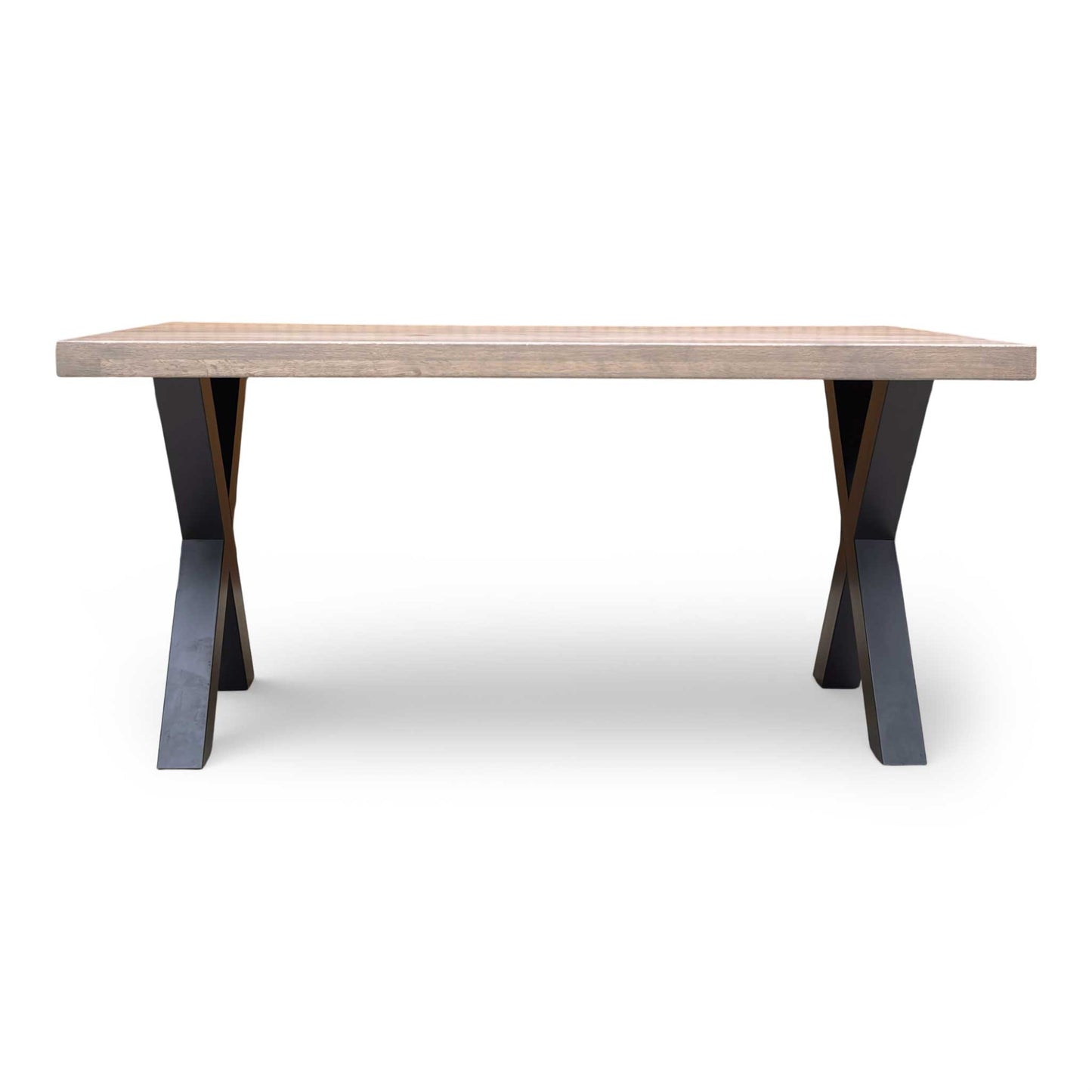  Front view of Black powder-coated metal X-shaped legs on the Bodahl Terra industrial dining table. 