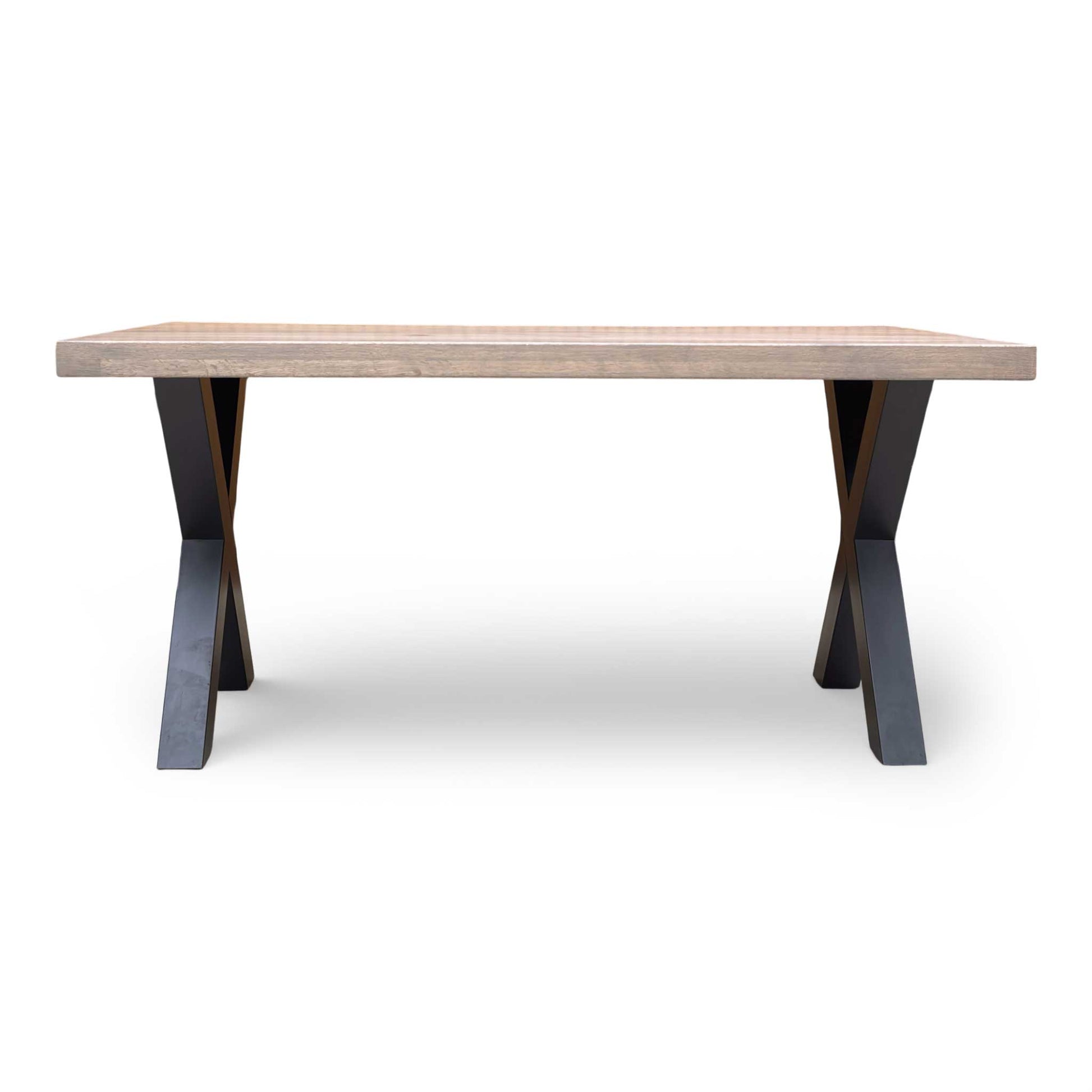  Front view of Black powder-coated metal X-shaped legs on the Bodahl Terra industrial dining table. 