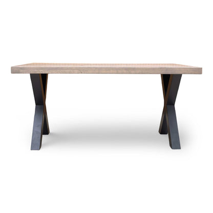  Front view of Black powder-coated metal X-shaped legs on the Bodahl Terra industrial dining table. 