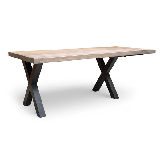 Bodahl Terra 8 vintage grey oak dining table with black metal X-shaped legs in a compact rectangular design.