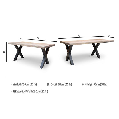 Measurement guide for Bodahl Terra table showing 160cm-210cm width and 77cm height.