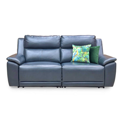 Front view of the Furniture Village ‘Utah’ 3 Seater Power Recliner Sofa in Natural Milled Navy Leather, featuring modern lines and "smile" seat stitching.