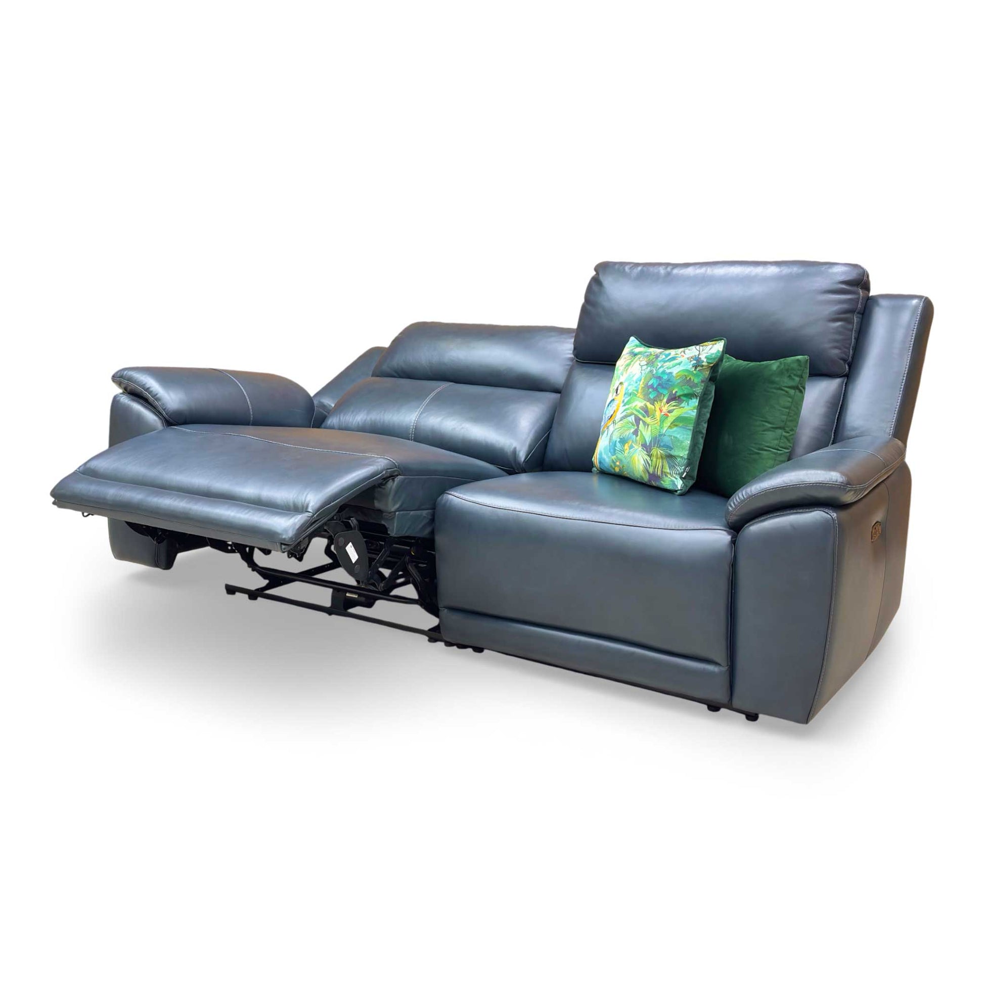 Detailed view of the sofa with one seat fully reclined, showcasing the integrated leg rest and ergonomic lounging angle.