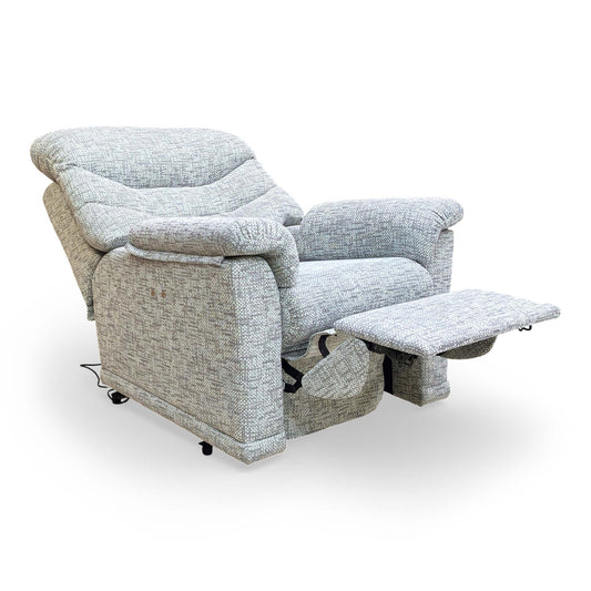Front view of the G Plan 'Malvern' Power Recliner Armchair in Grey Woven Fabric, featuring a high-back design and plush padded arms.