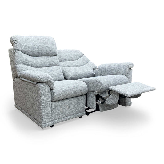 Front view of the G Plan 'Malvern' 2 Seater Sofa in Grey Woven Fabric, featuring one power recliner seat and one static seat.