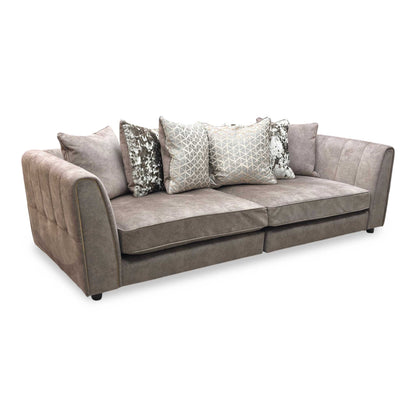 'Mariah' Dapple Velvet Chocolate-Tri Brass Insert Velvet Pillow Back 4 Seater Split Frame Sofa