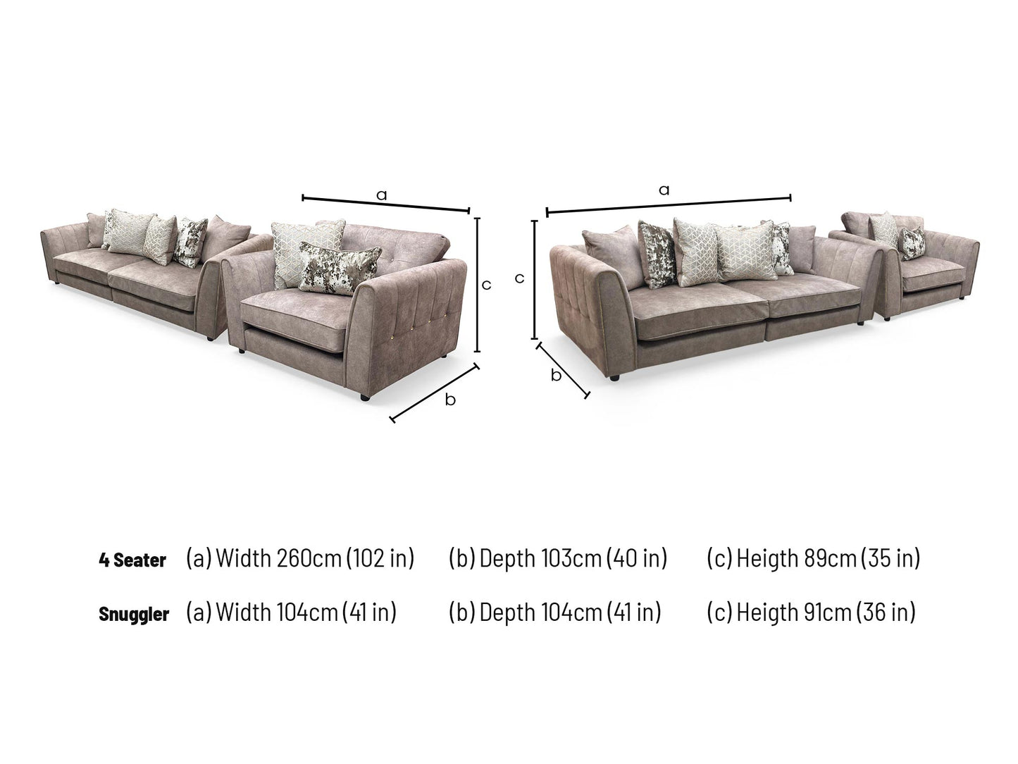 'Mariah' Dapple Velvet Chocolate-Tri Brass Insert Velvet Set: 4 Seater Split Frame Pillow Back Sofa + Snuggler