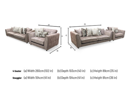 'Mariah' Dapple Velvet Chocolate-Tri Brass Insert Velvet Set: 4 Seater Split Frame Pillow Back Sofa + Snuggler