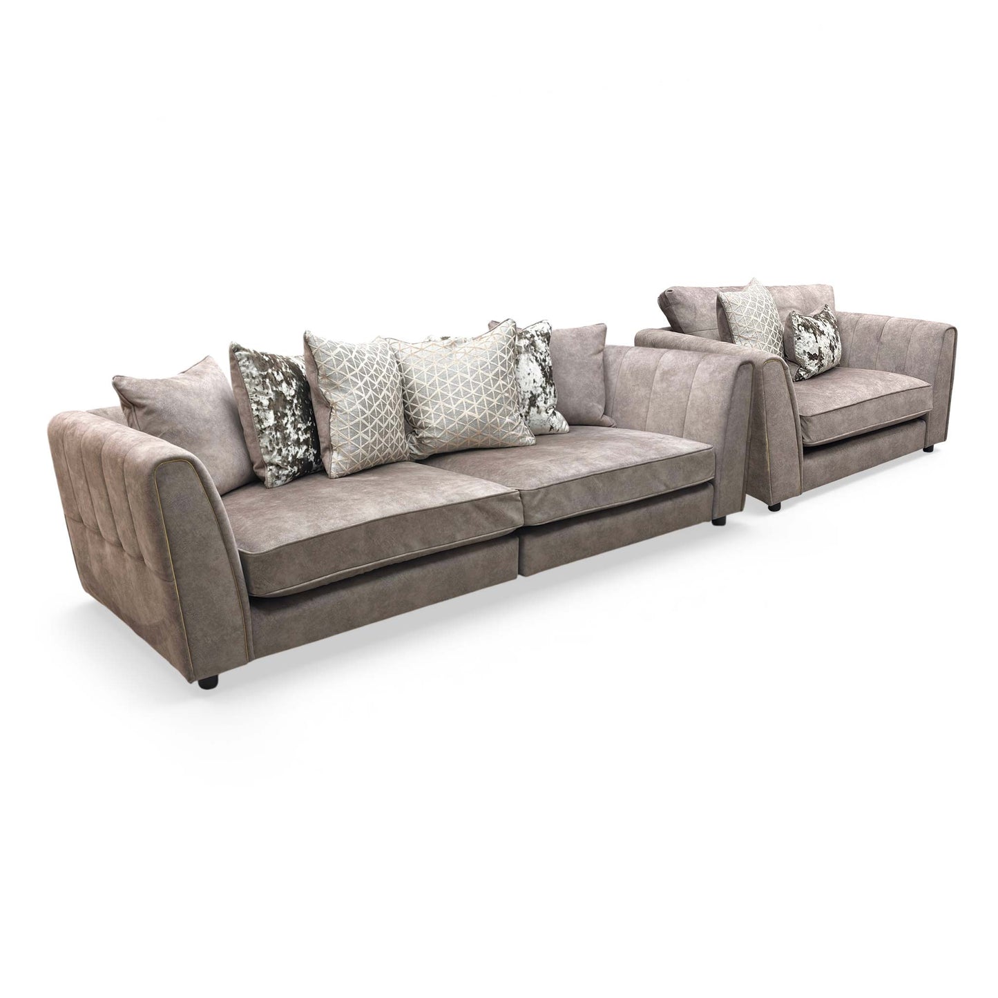 'Mariah' Dapple Velvet Chocolate-Tri Brass Insert Velvet Set: 4 Seater Split Frame Pillow Back Sofa + Snuggler