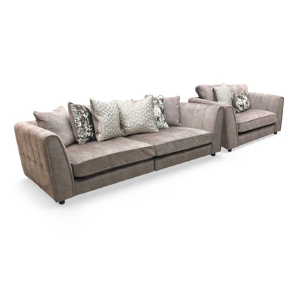 'Mariah' Dapple Velvet Chocolate-Tri Brass Insert Velvet Set: 4 Seater Split Frame Pillow Back Sofa + Snuggler
