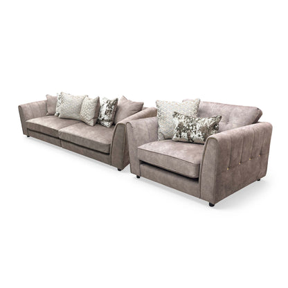 'Mariah' Dapple Velvet Chocolate-Tri Brass Insert Velvet Set: 4 Seater Split Frame Pillow Back Sofa + Snuggler