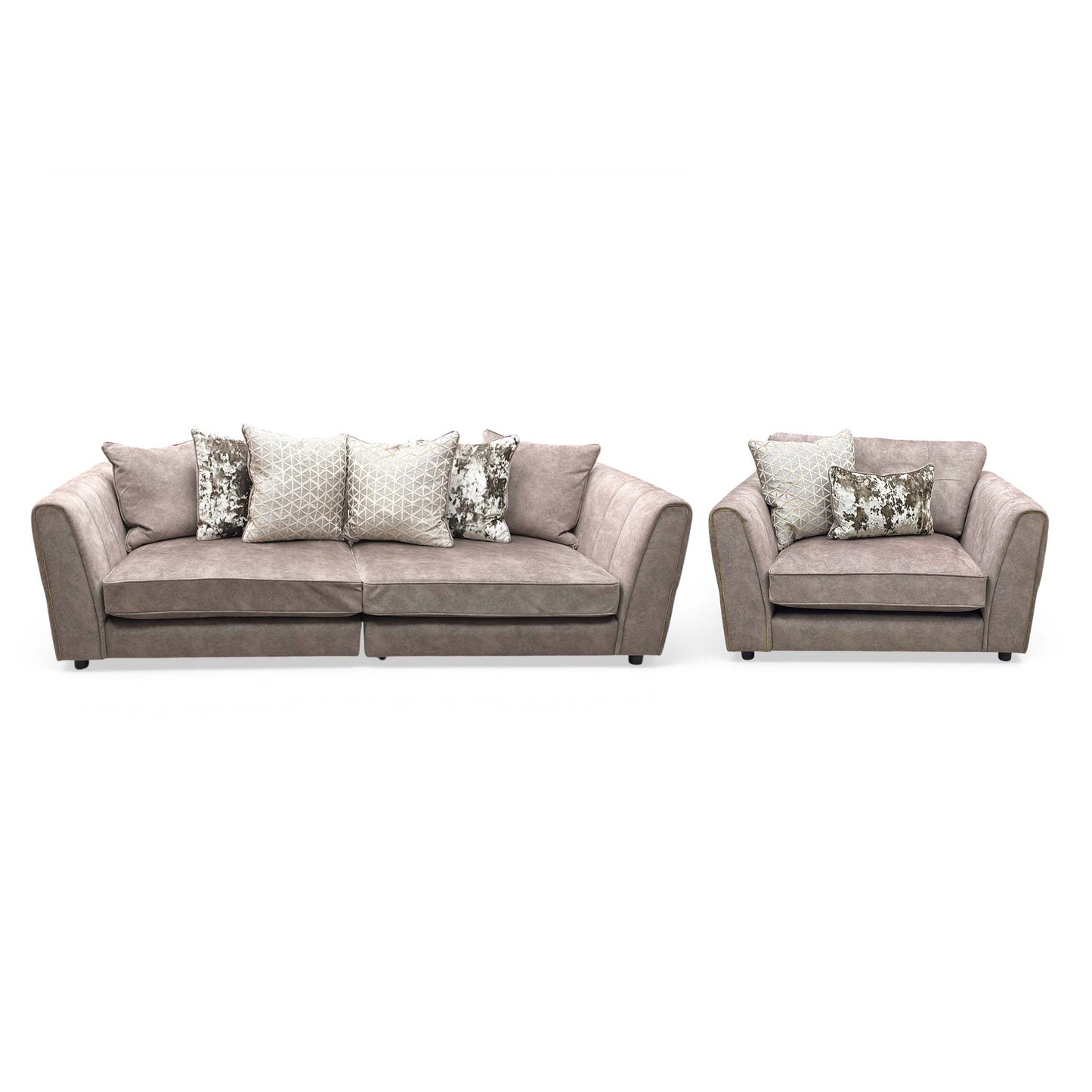 'Mariah' Dapple Velvet Chocolate-Tri Brass Insert Velvet Set: 4 Seater Split Frame Pillow Back Sofa + Snuggler