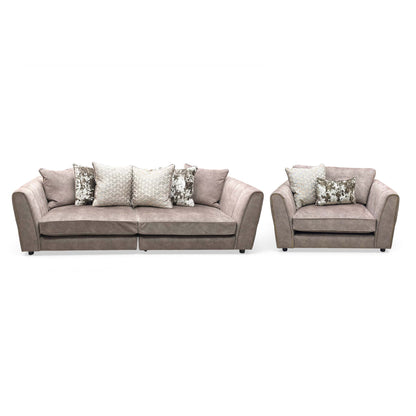 'Mariah' Dapple Velvet Chocolate-Tri Brass Insert Velvet Set: 4 Seater Split Frame Pillow Back Sofa + Snuggler