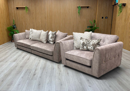 'Mariah' Dapple Velvet Chocolate-Tri Brass Insert Velvet Set: 4 Seater Split Frame Pillow Back Sofa + Snuggler