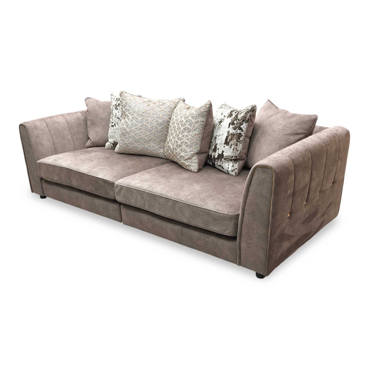 'Mariah' Dapple Velvet Chocolate-Tri Brass Insert Velvet Pillow Back 4 Seater Split Frame Sofa