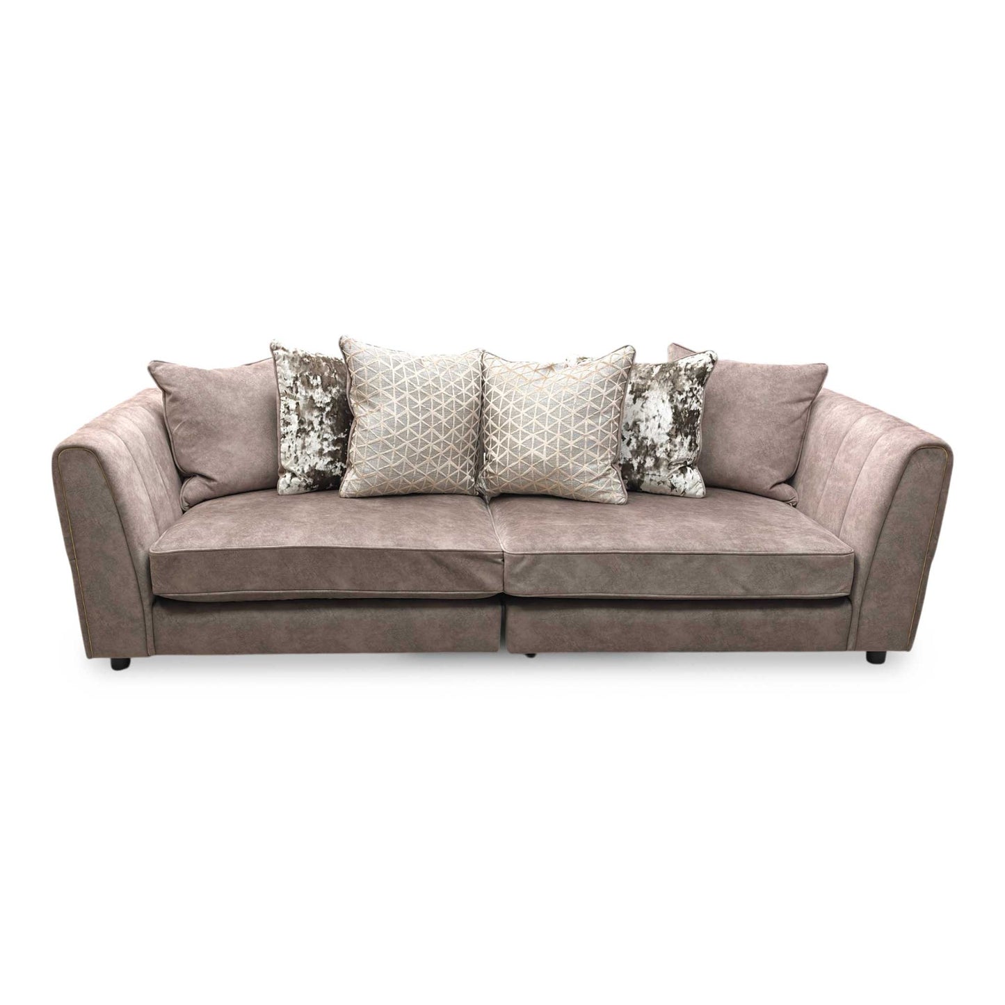 'Mariah' Dapple Velvet Chocolate-Tri Brass Insert Velvet Pillow Back 4 Seater Split Frame Sofa