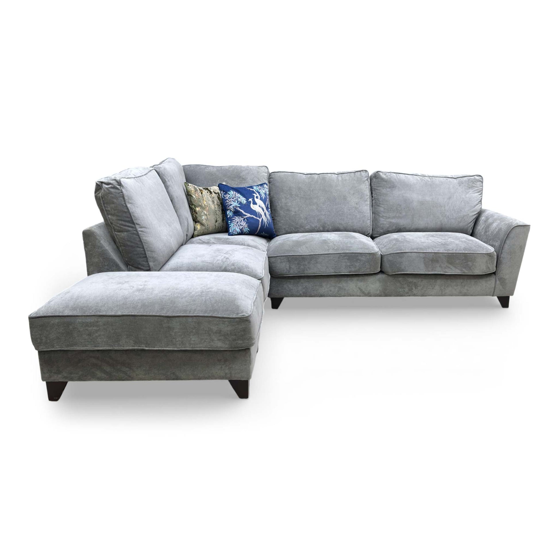 Detailed shot of the classic back cushions and armrest, emphasizing the high-quality stitching and elegant grey fabric finish.